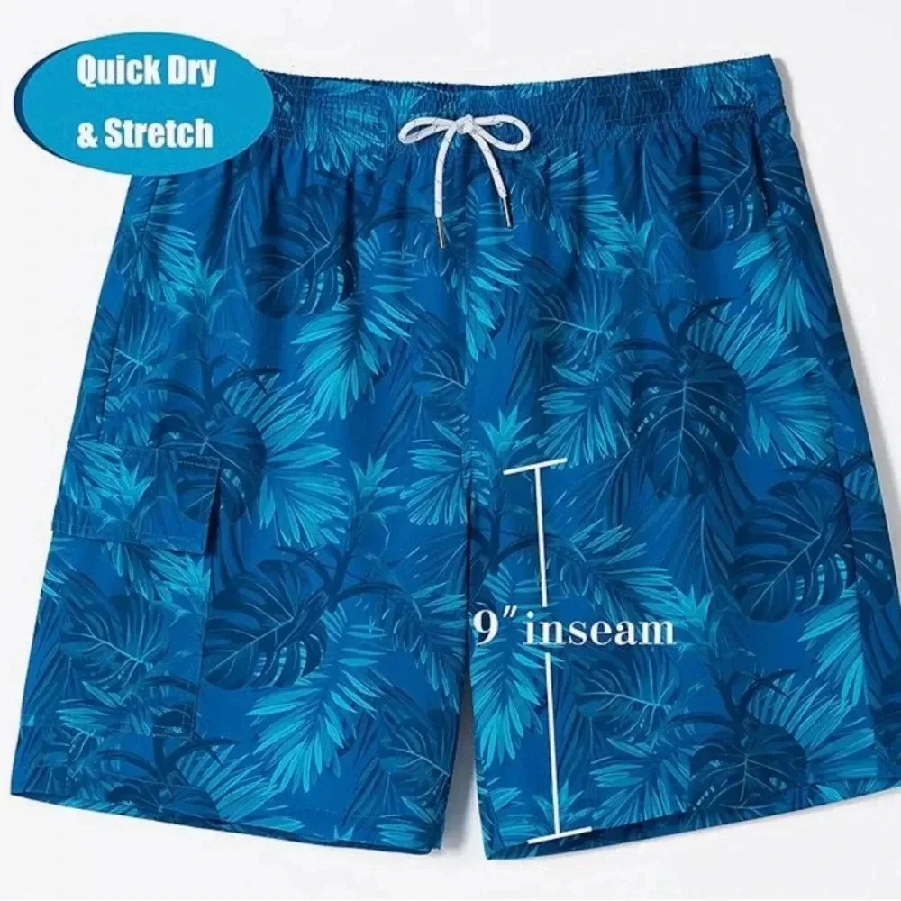 Brisira Mens Tropical Swim Trunks Blue Palm Print Quick Dry Lined 9” Inseam